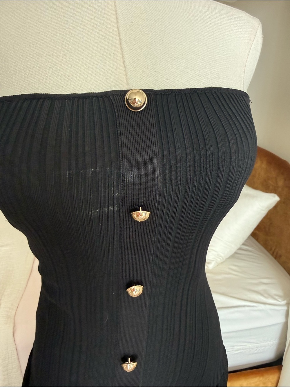 Self-Portrait Black Bandeau Knit Strapless Maxi Dress Gold Buttons Size S - Picture 13 of 16